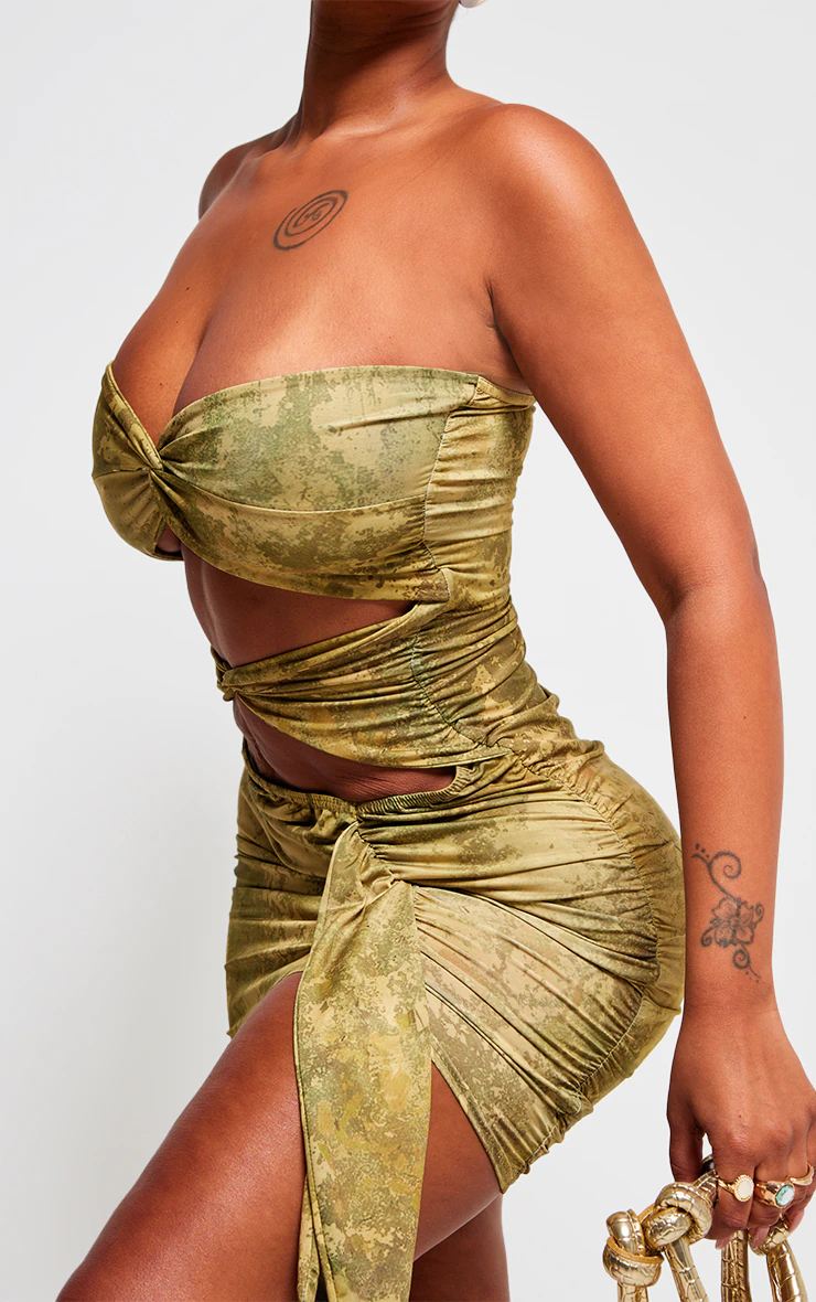 Shape Green Slinky Tie Dye Print Bandeau Twist Front Bodycon Dress