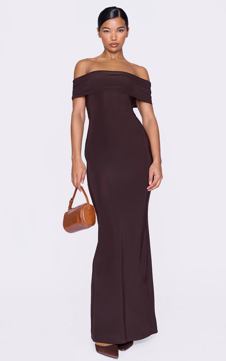 Chocolate Open Back Bardot Maxi Dress