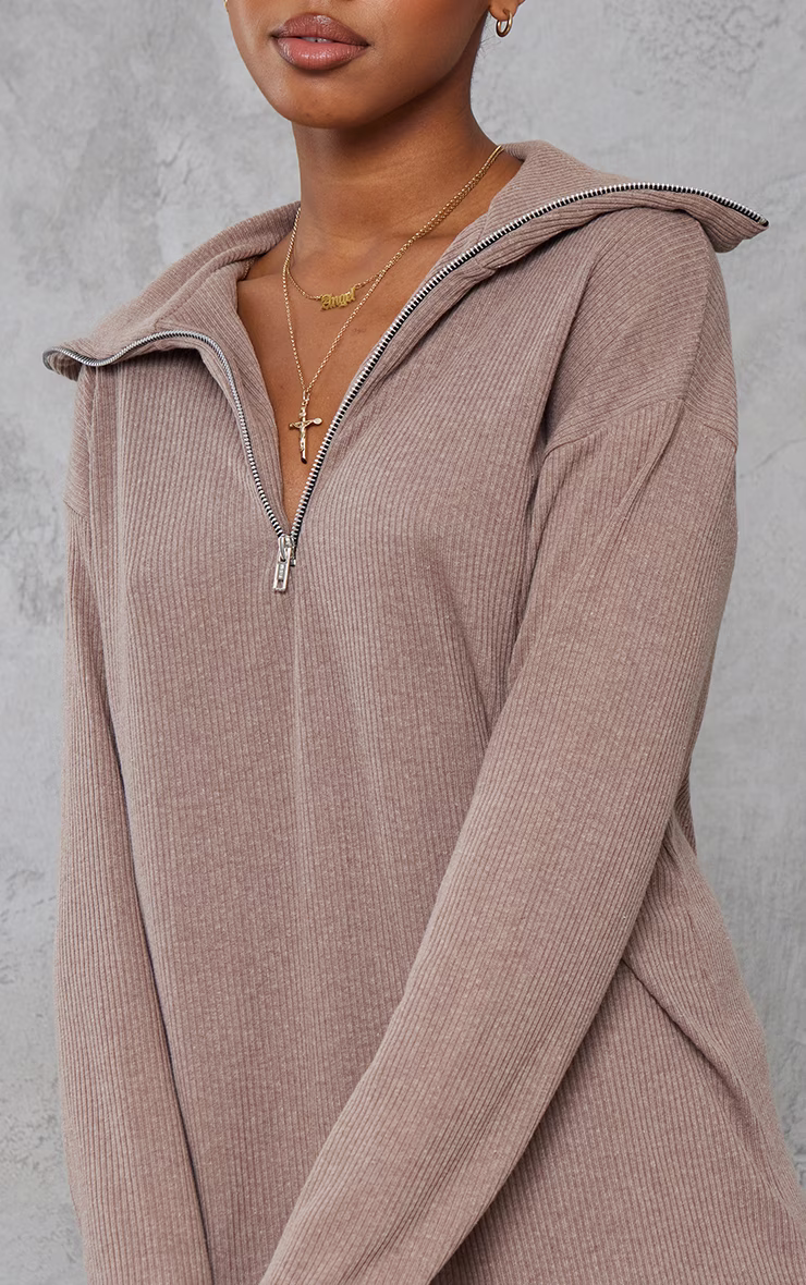 Mocha Rib High Neck Half Zip Oversized Sweater Dress