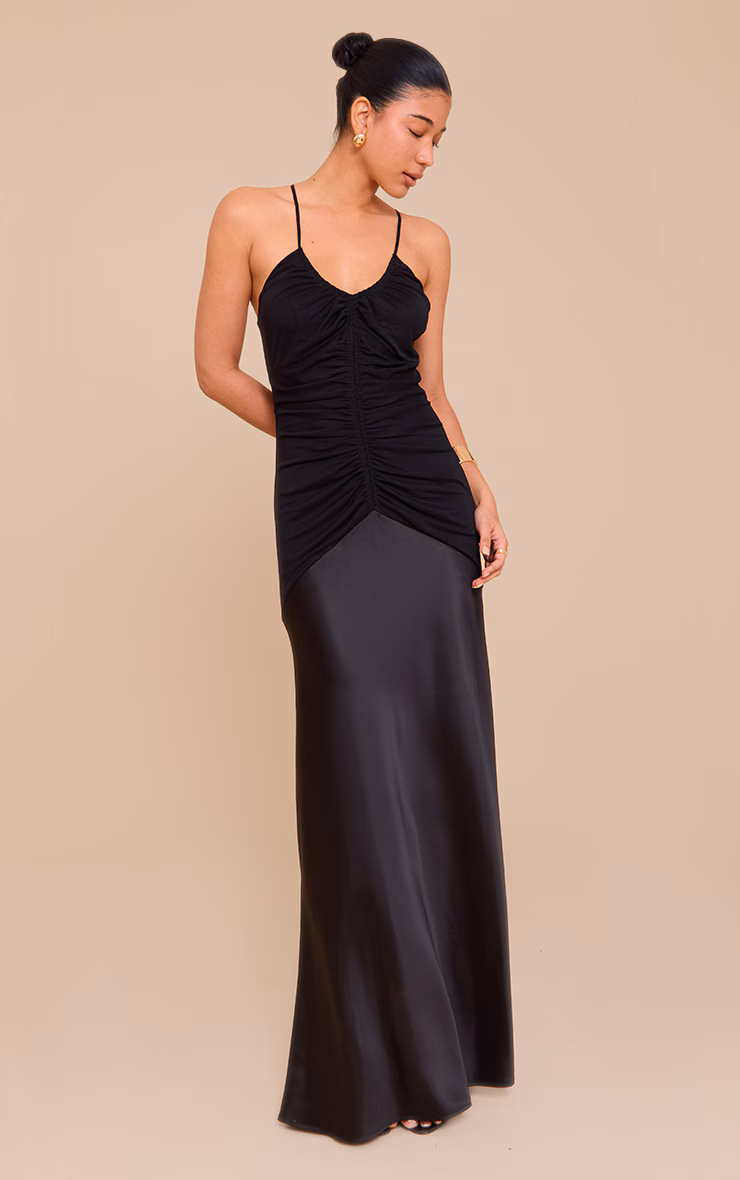 Black Ruched Detail Satin Maxi Slip Dress