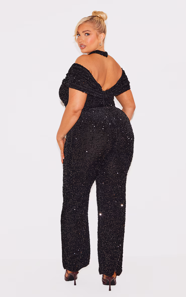 Plus Black Velour Sequined Bardot Halter Neck Strap Jumpsuit
