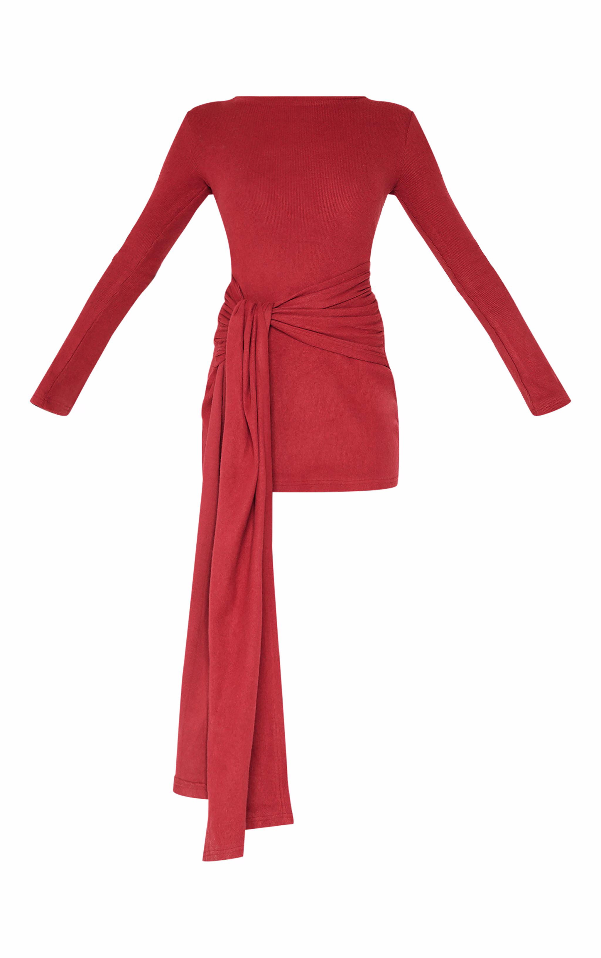 Burgundy Heavy Brushed Rib Boat Neck Wrap Tie Bodycon Dress
