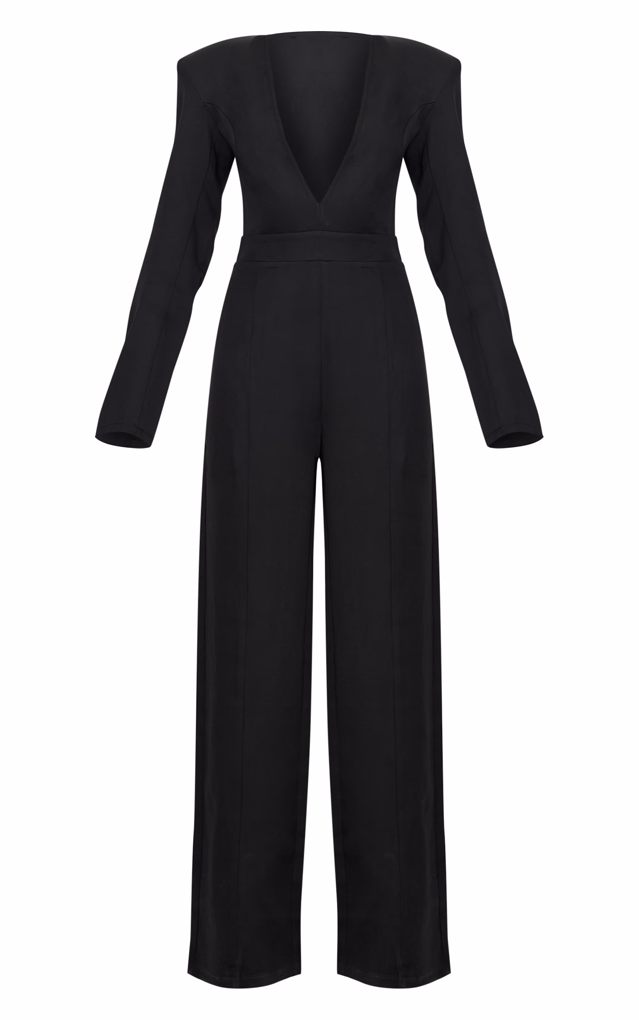 Black Woven Plunge Long Sleeve Straight Leg Jumpsuit