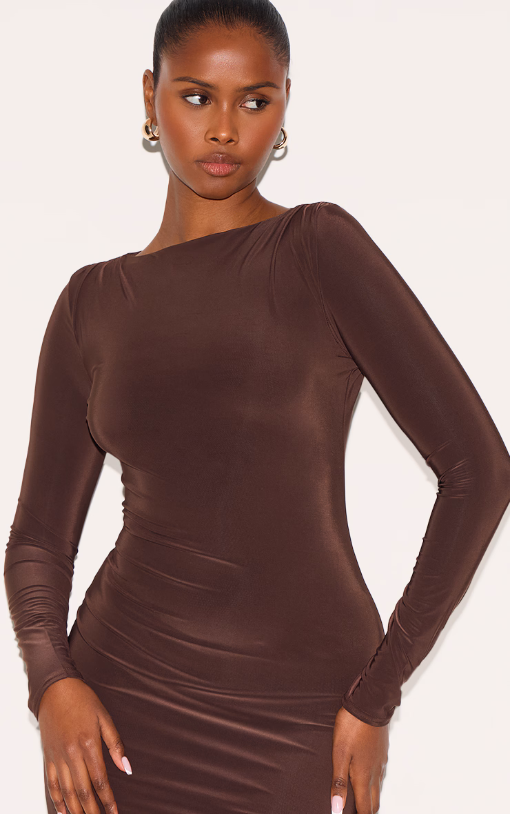 Chocolate Slinky Long Sleeve Mini Dress