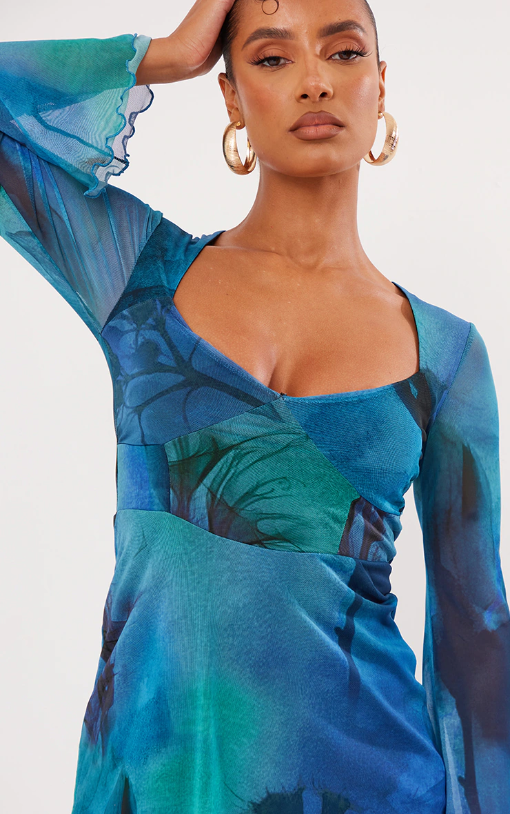 Blue Blur Floral Print Mesh Underbust Detail Shift Dress