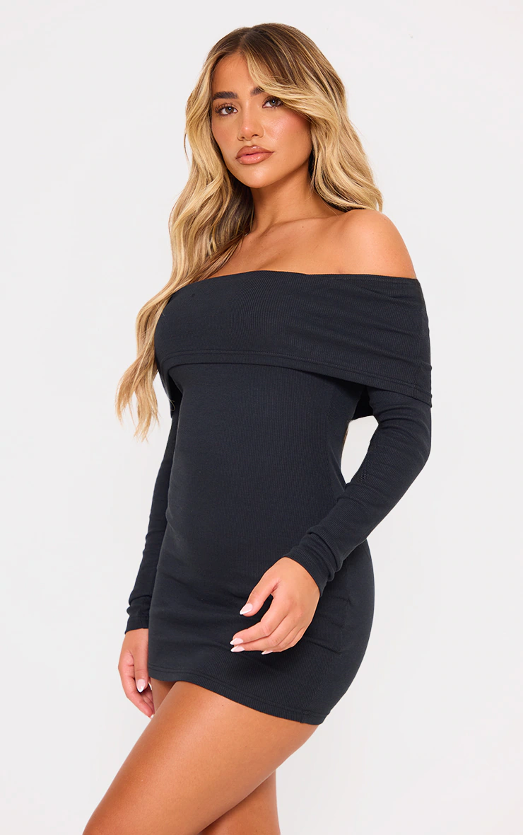 Black Rib Foldover Bardot Bodycon Dress