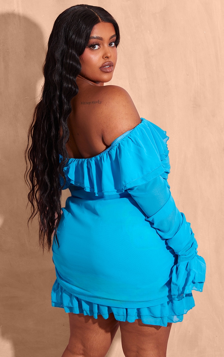 Plus Bright Blue Bardot Ruffle Detail Shift Dress