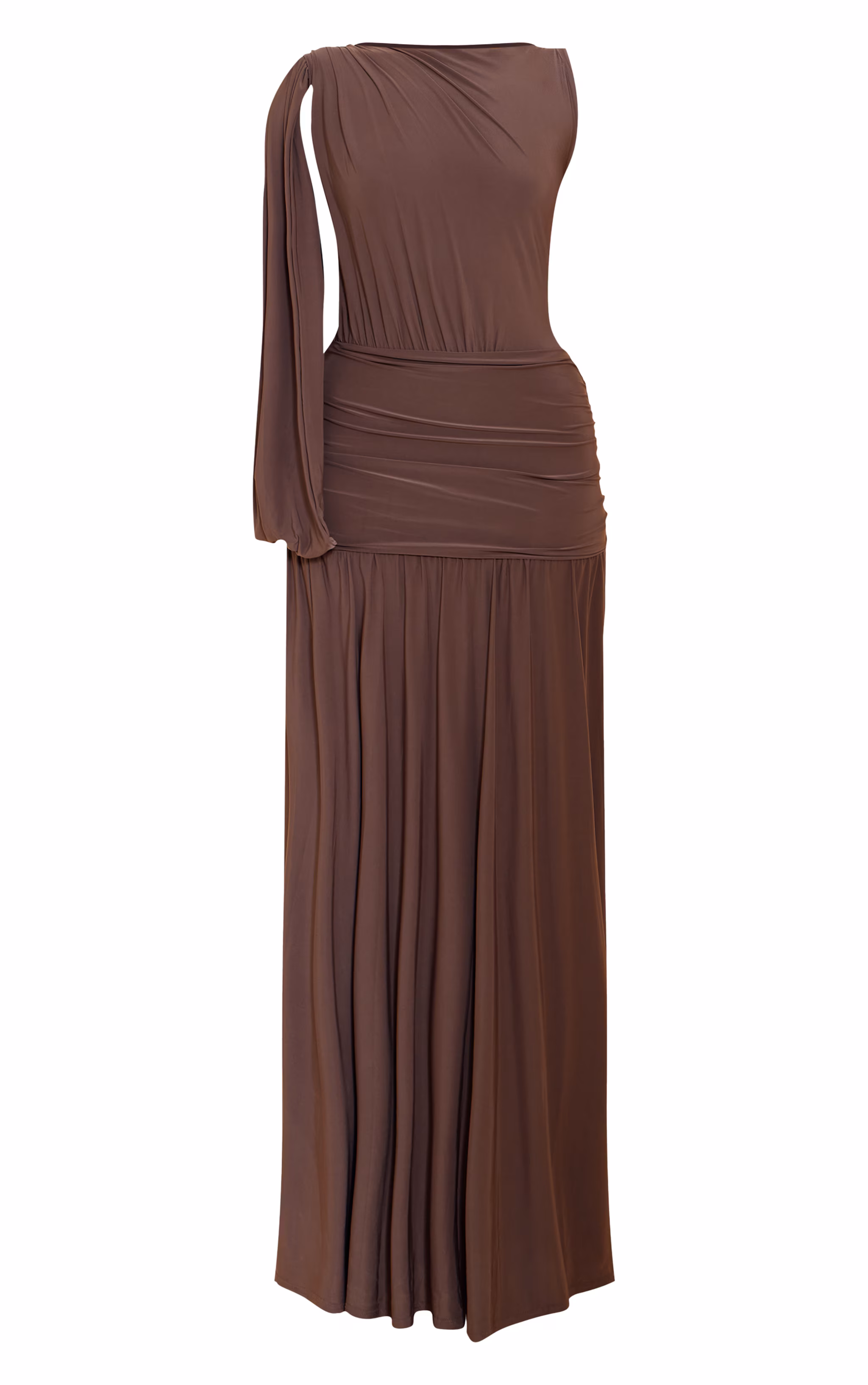 Mushroom Double Layer Slinky Ruched One Shoulder Maxi Dress