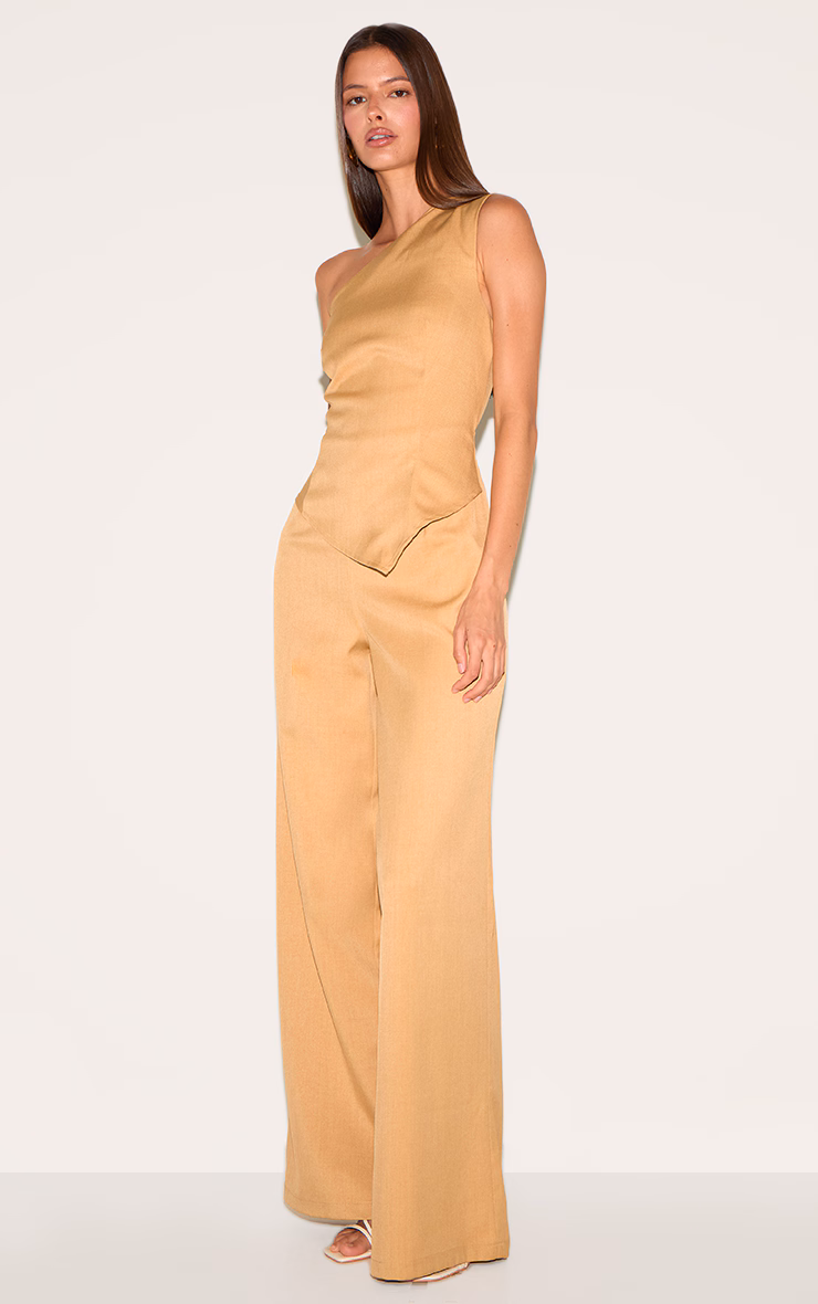 Sand Woven One Shoulder Wide Leg Jumpsuit