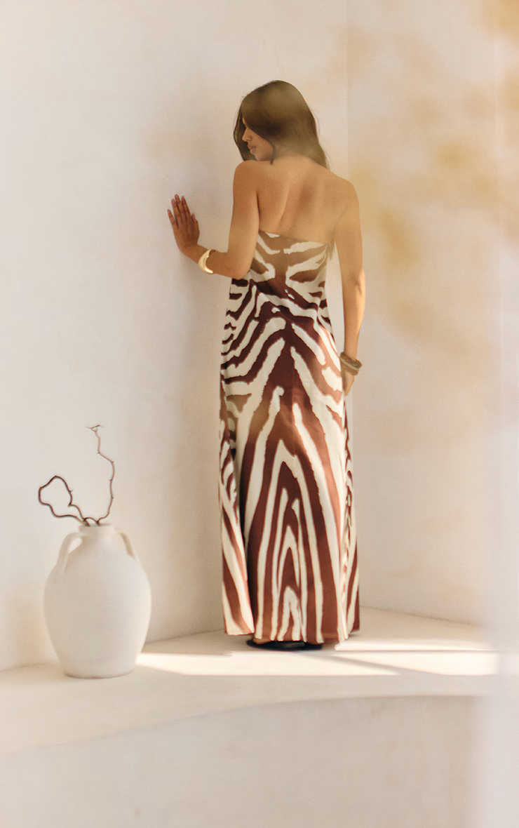 Tan Zebra Abstract Print Woven Bandeau Maxi Dress