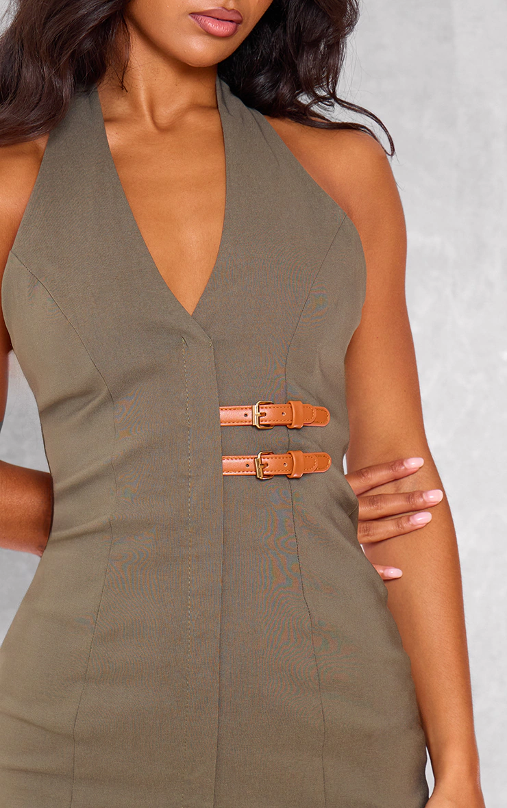 Dark Khaki Stretch Woven Belted Bodycon Dress