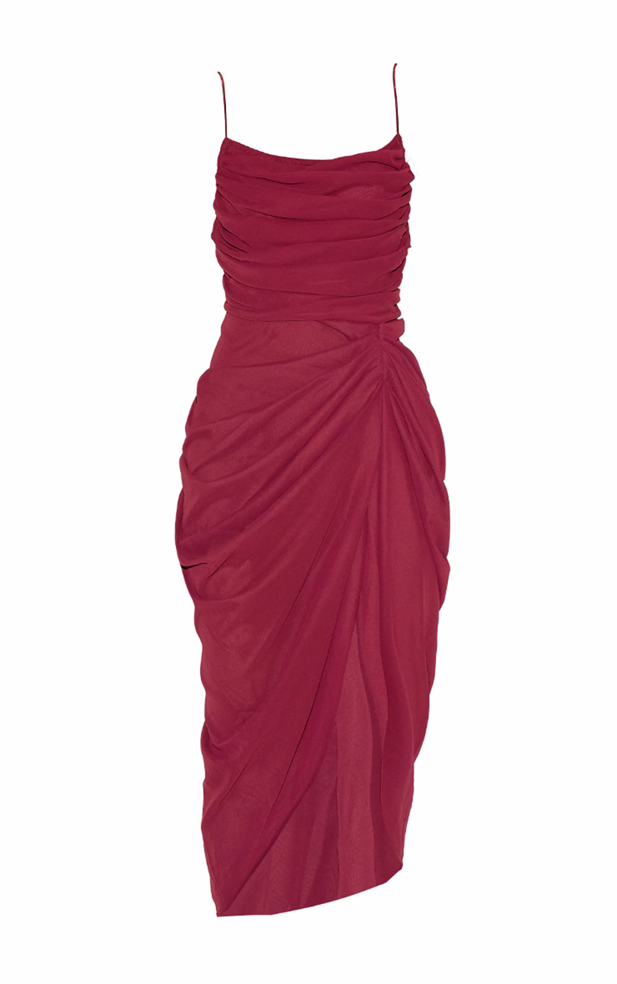 Wine Chiffon Ruched Drape Midi Dress