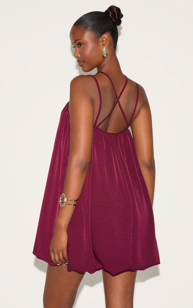 Wine Puff Ball Strappy Mini Dress