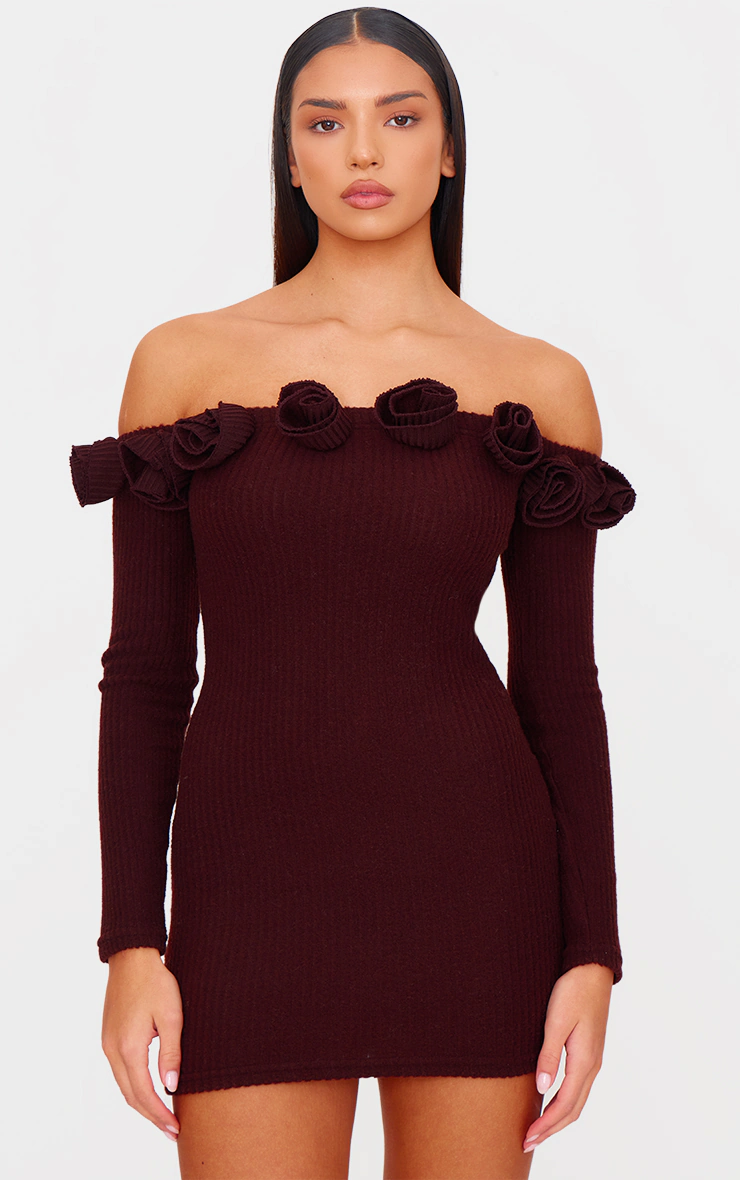 Chocolate Brushed Rib Corsage Detail Bardot Bodycon Dress