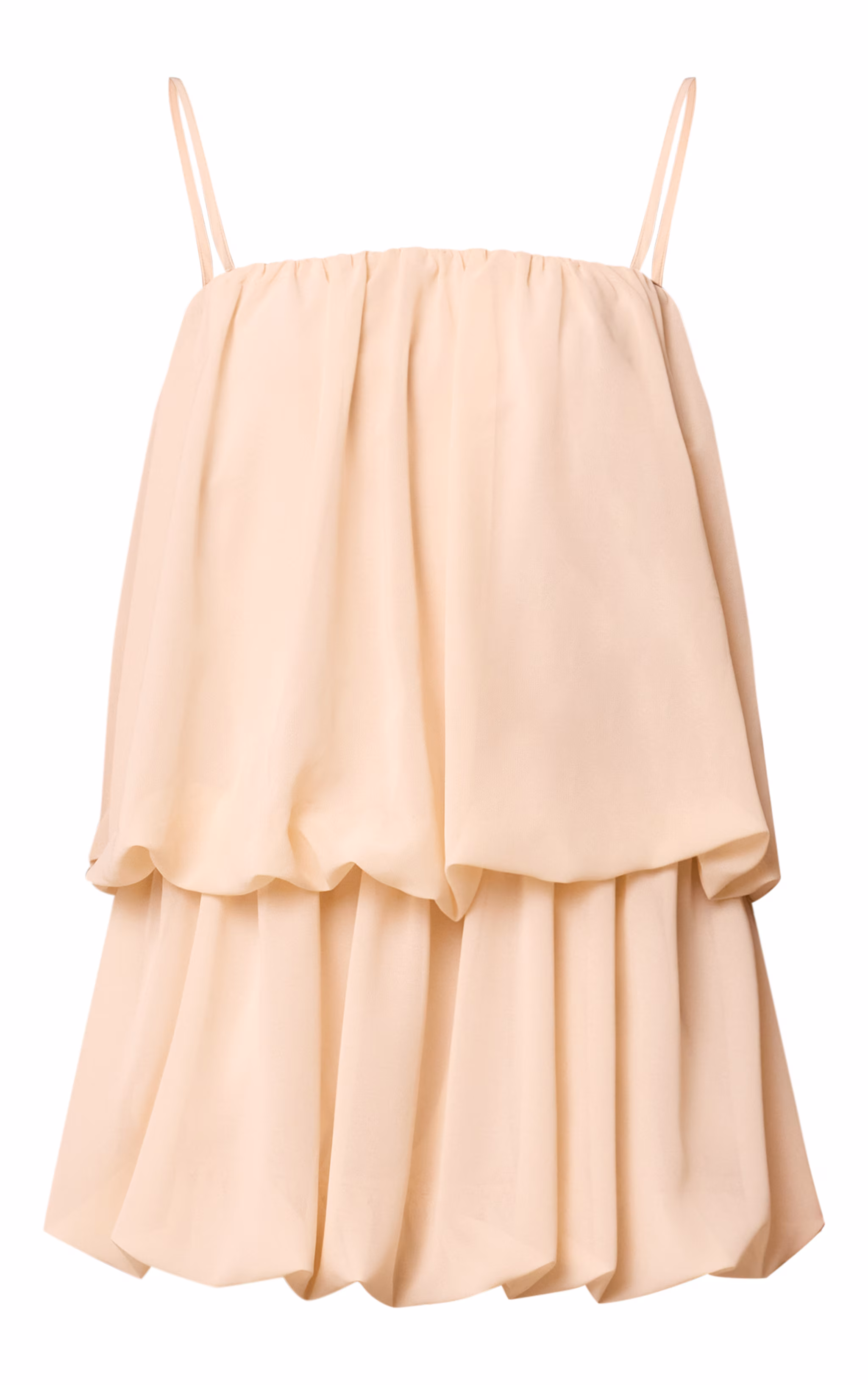 Almond Chiffon Ruched Strappy Puffball Dress