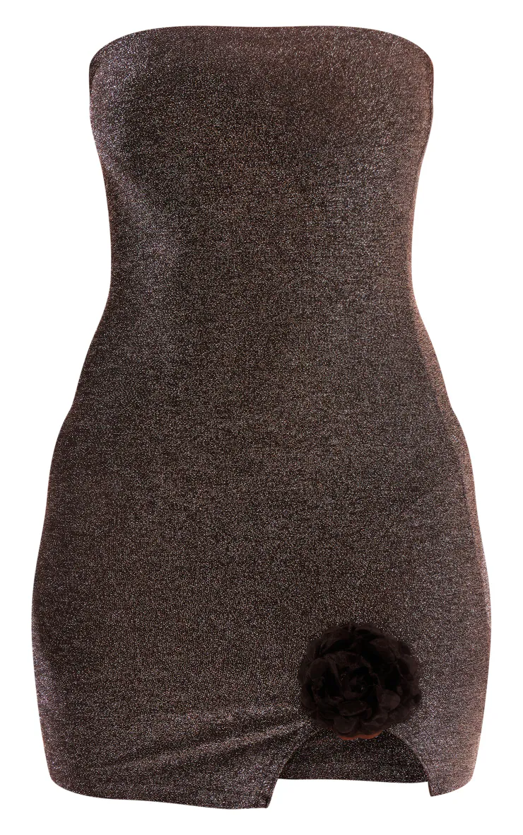 Silver Glitter Textured Bandeau Rose Applique Split Hem Bodycon Dress