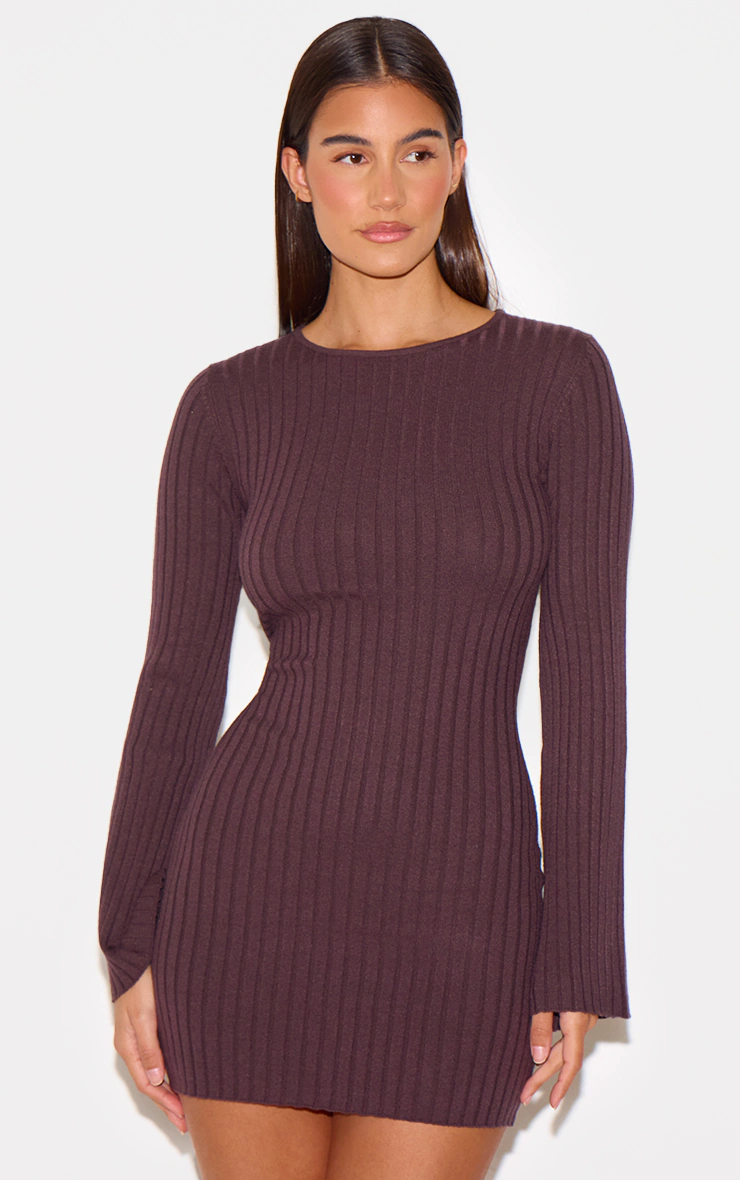 Chocolate Ribbed Knit Mini Dress