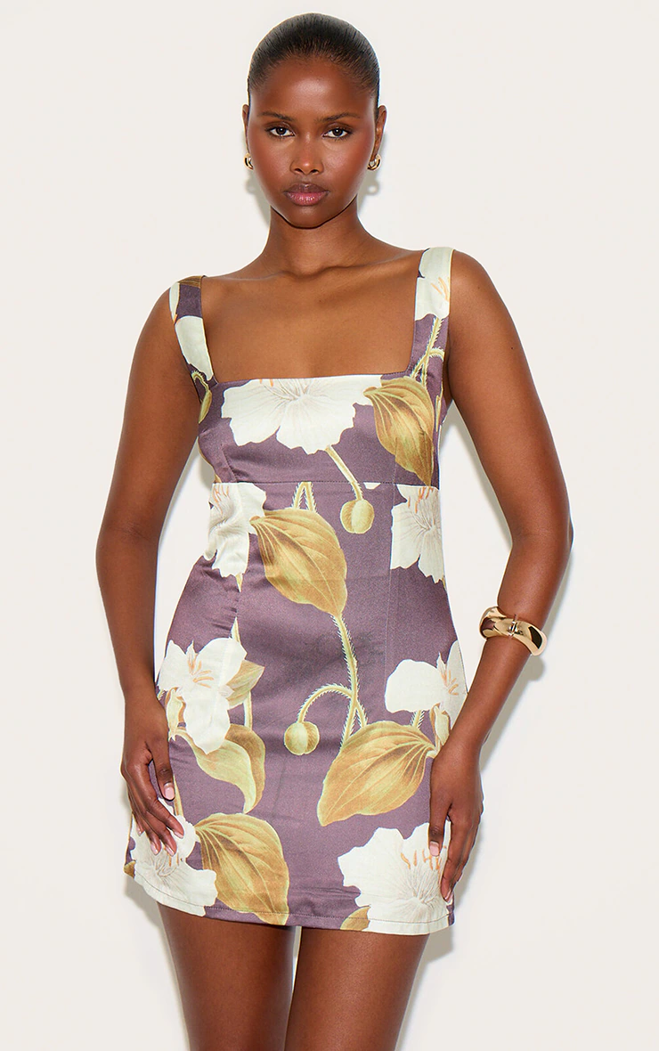 Olive Satin Floral Print Mini Dress