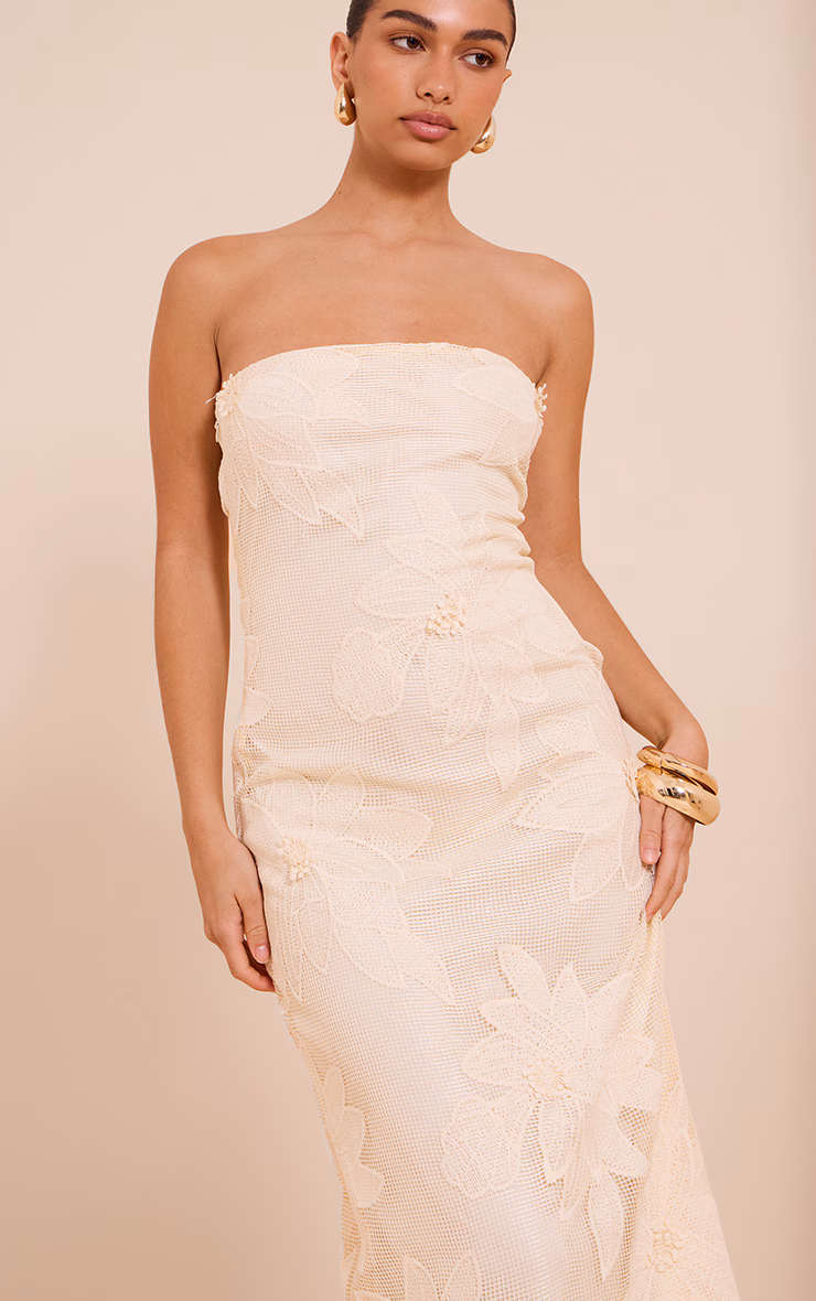 Natural Floral Embroidered Textured Bandeau Maxi Dress