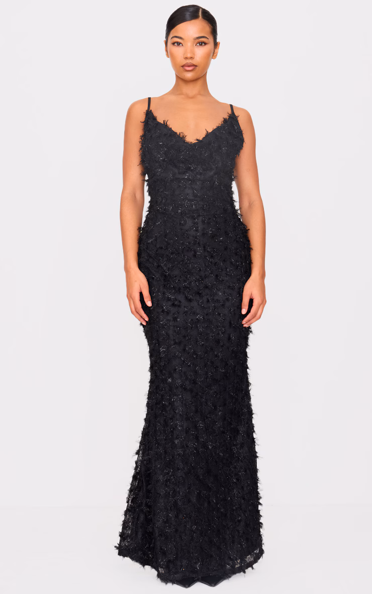 Black Textured Cowl Neck Maxi Dress