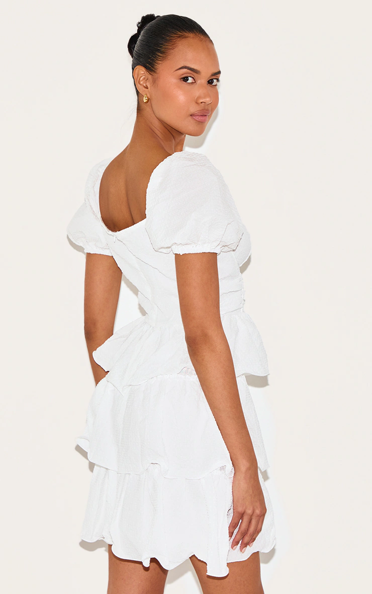 White Crinkle Cup Detail Tiered Skirt Skater Dress