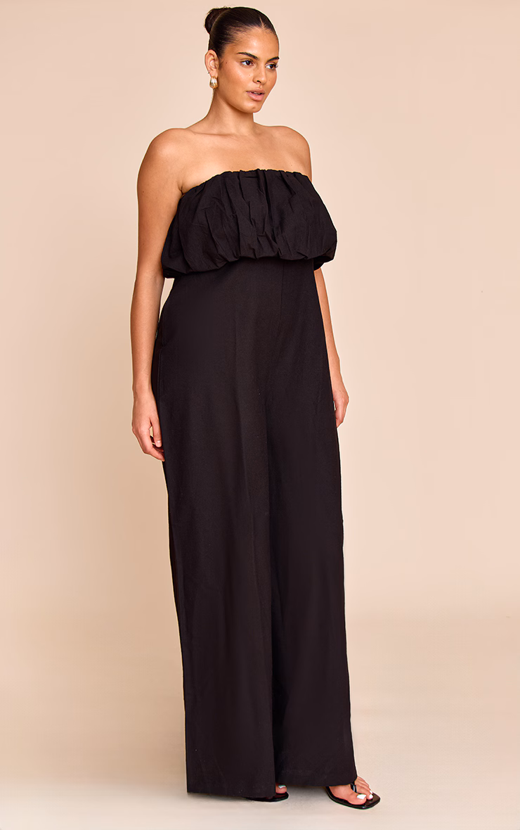 Plus Black Textured Puffball Bandeau Straight Leg Jumpsuit