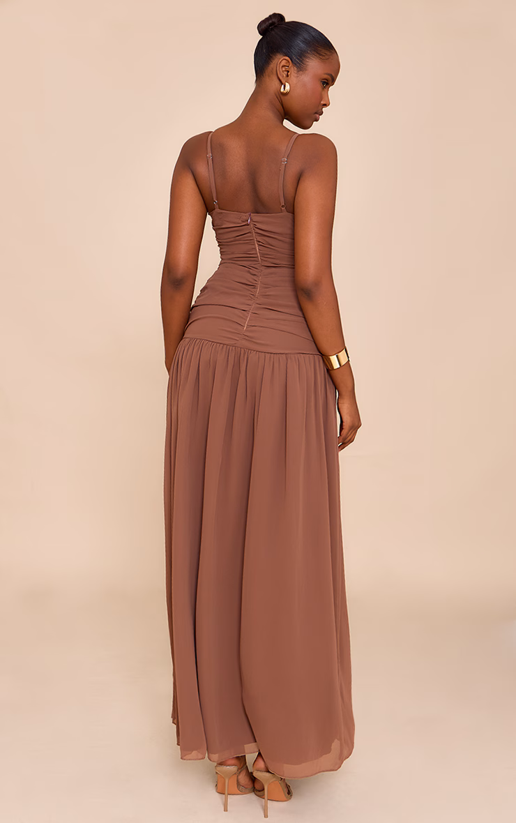 Chocolate Chiffon Ruched Dropped Waist Maxi Dress