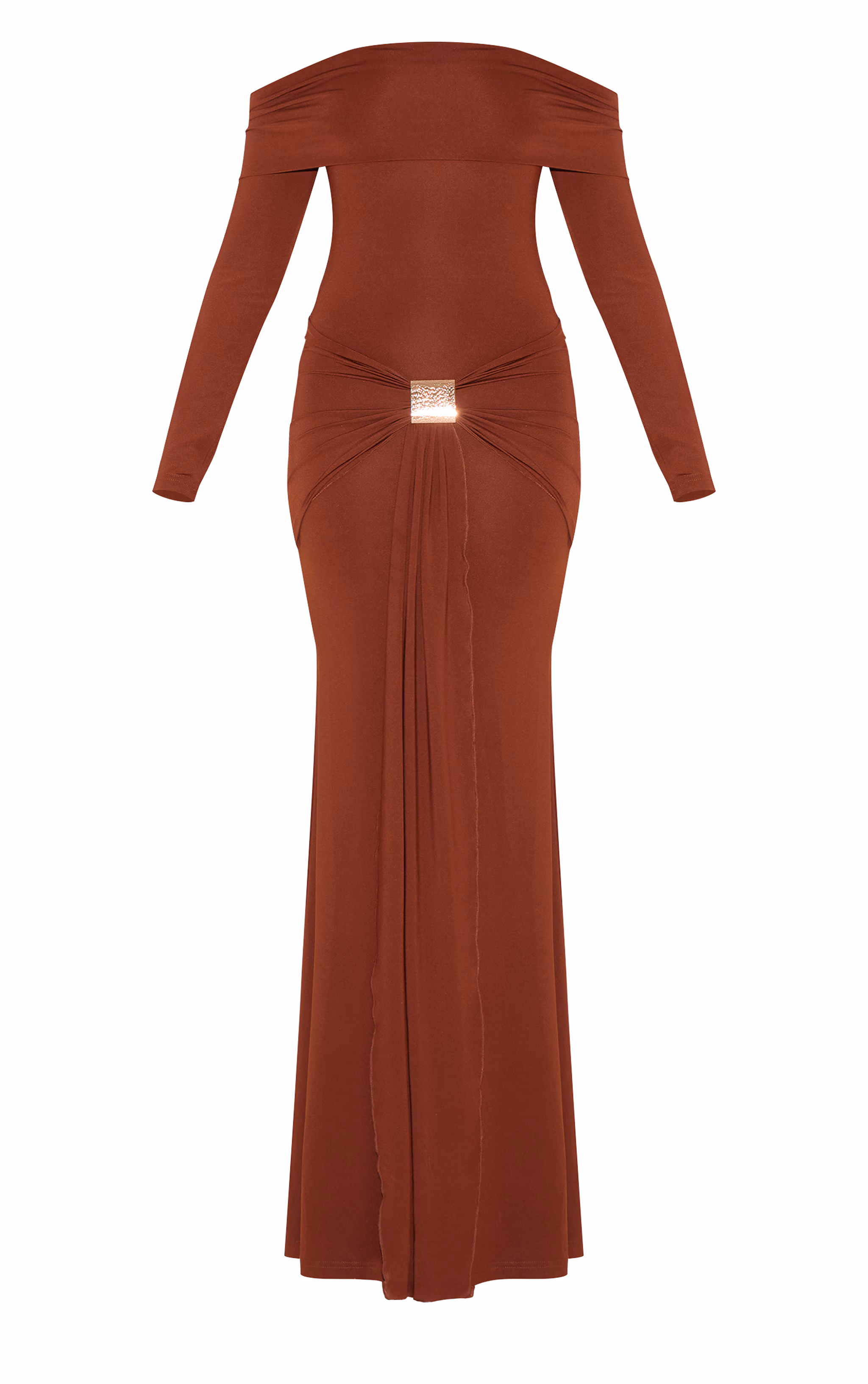 Chocolate Bardot Long Sleeve Trim Drape Detail Maxi Dress