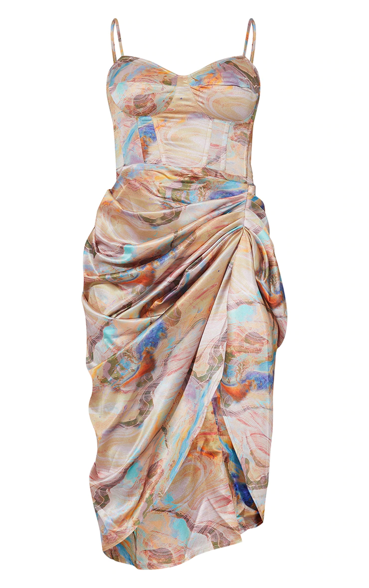 Multi Marble Print Satin Ruched Skirt Corset Detail Midi Dress