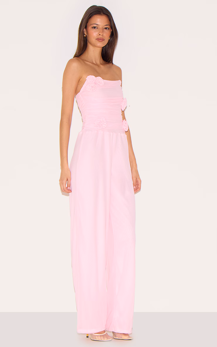 Pale Pink Mesh Overlay Bandeau Rose Applique Jumpsuit