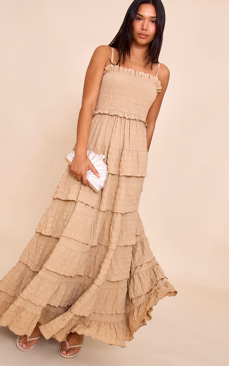 Stone Textured Shirred Tiered Maxi Dress
