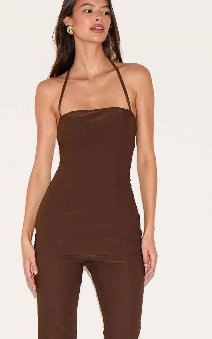 Chocolate Woven Thin Halter Overlay Detail Jumpsuit