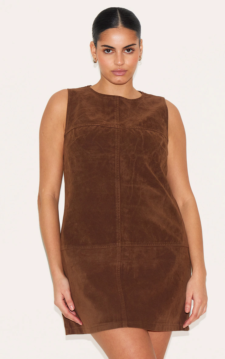 Plus Deep Chocolate Faux Suede Seam Detail Sleeveless Shift Dress