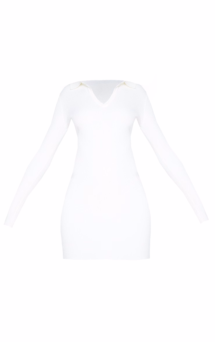 Cream Long Sleeve Ribbed Knitted Bodycon Mini Dress