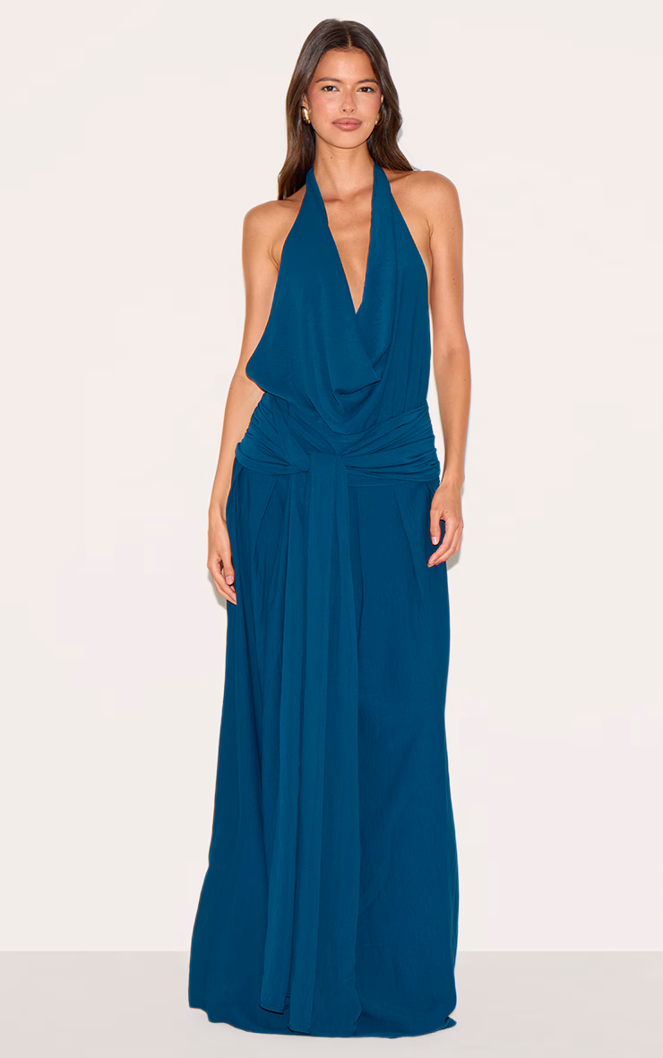Teal Floaty Woven Cowl Neck Low Back Maxi Dress