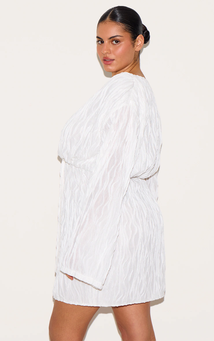 Plus White Textured Wrap Front Dress