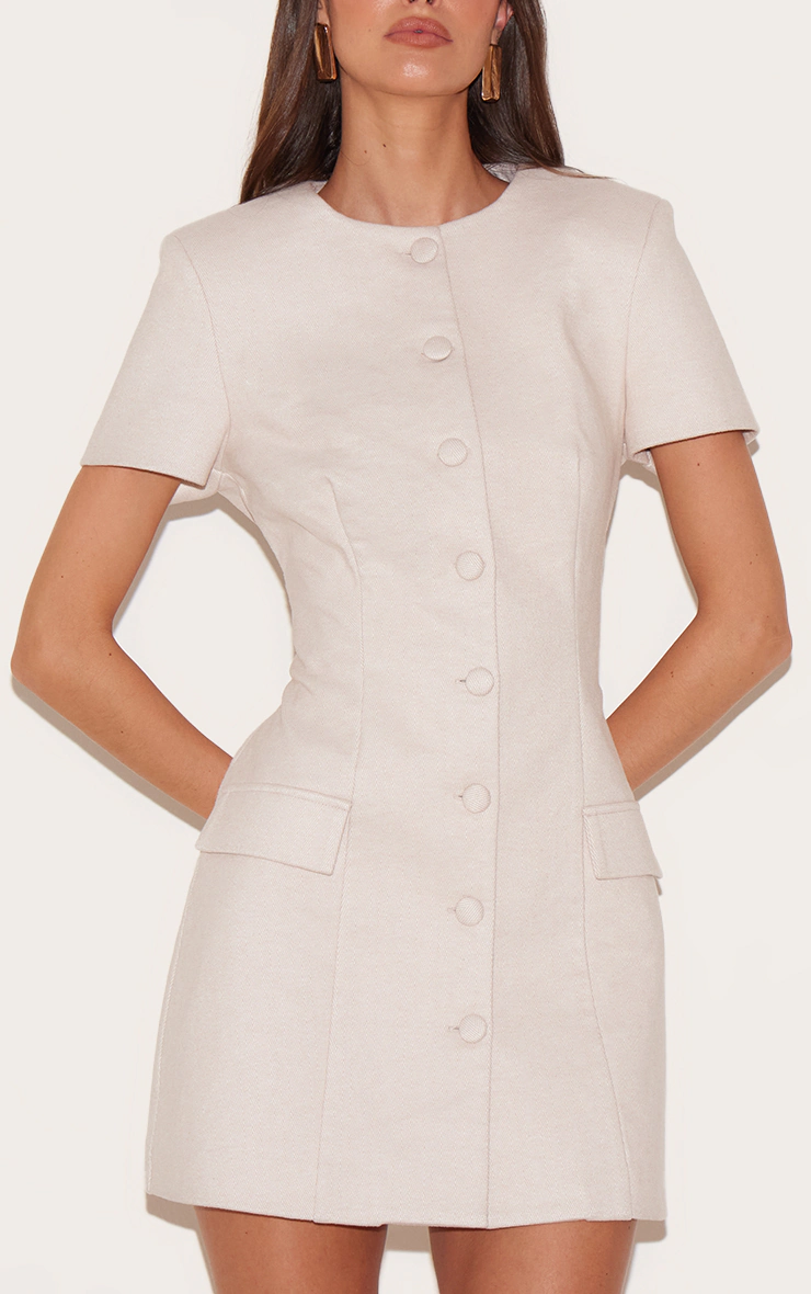 Almond Herringbone Tailored Short Sleeve Mini Dress