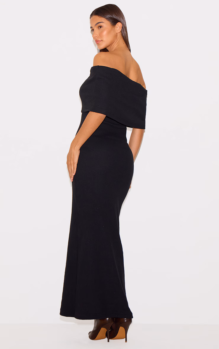Black Heavy Brushed Rib Sleeveless Bardot Maxi Dress