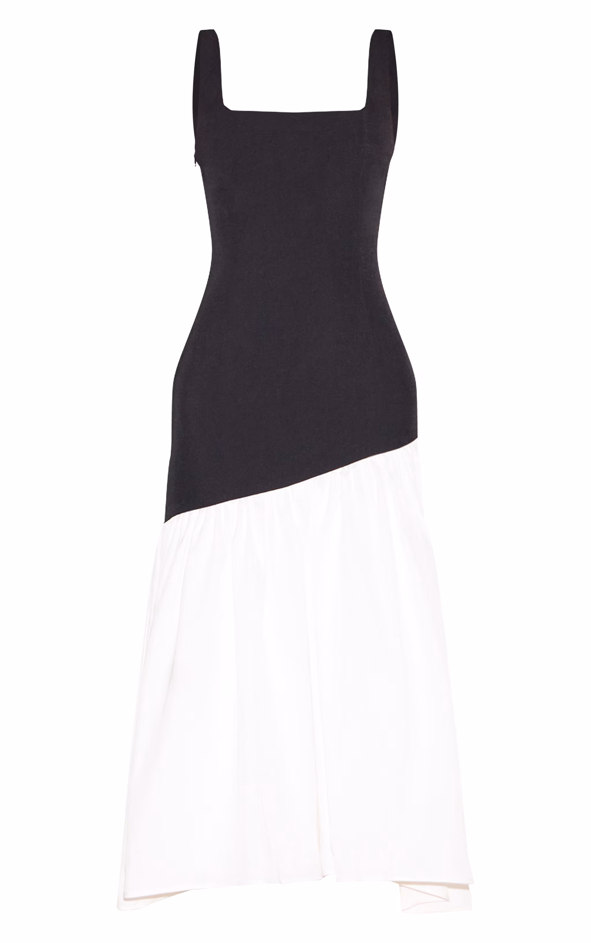Monochrome Contrast Pleated Hem Square Neck Midaxi Dress