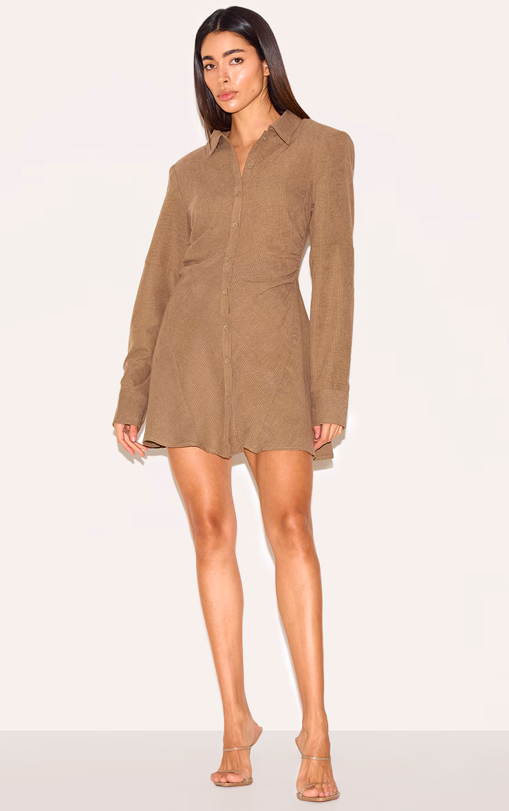 Mushroom Structured Ruched Detail Long Sleeve Shirt Dress