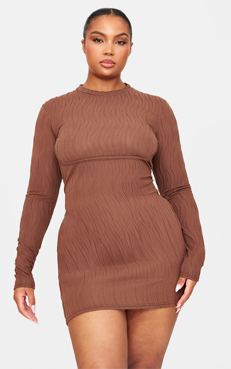 Plus Brown Textured Long Sleeve Bust Seam Detail Mini Dress