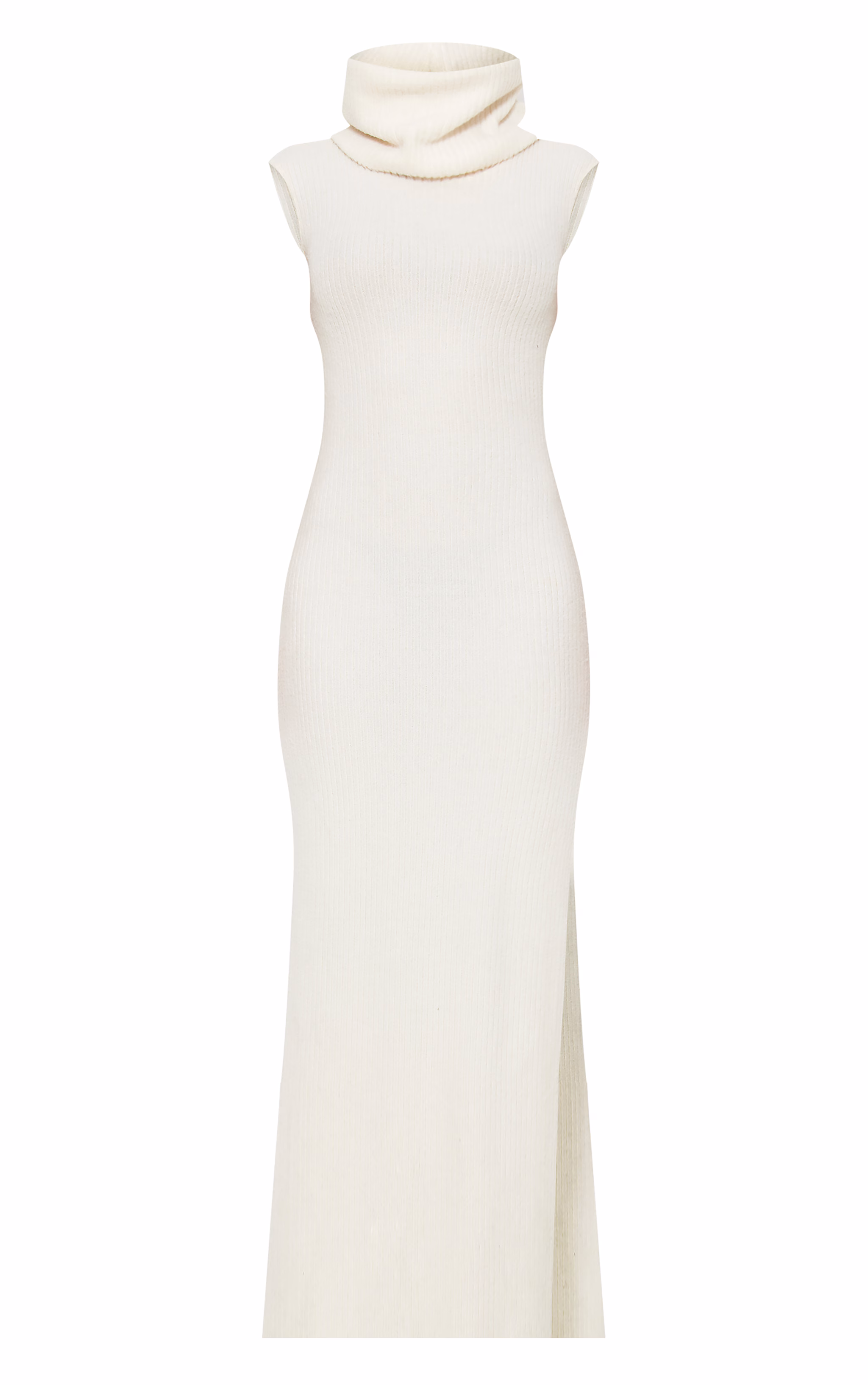 Cream Brushed Rib Roll Neck Maxi Dress