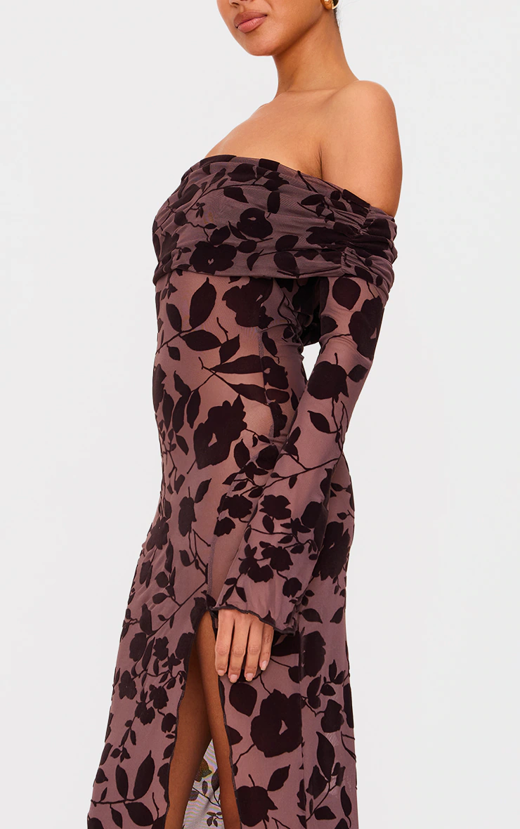 Chocolate Devore Bardot Long Sleeve Maxi Dress