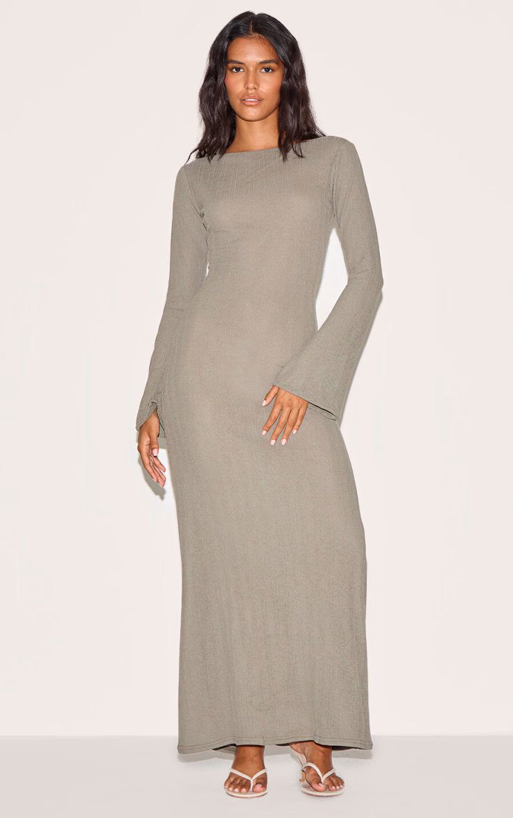 Khaki Textured Boat Neck Long Sleeve Bodycon Maxi Dress