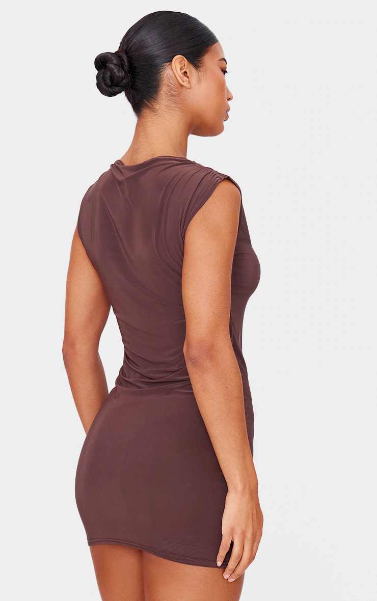 Chocolate Slinky High Neck Ruched Mini Dress