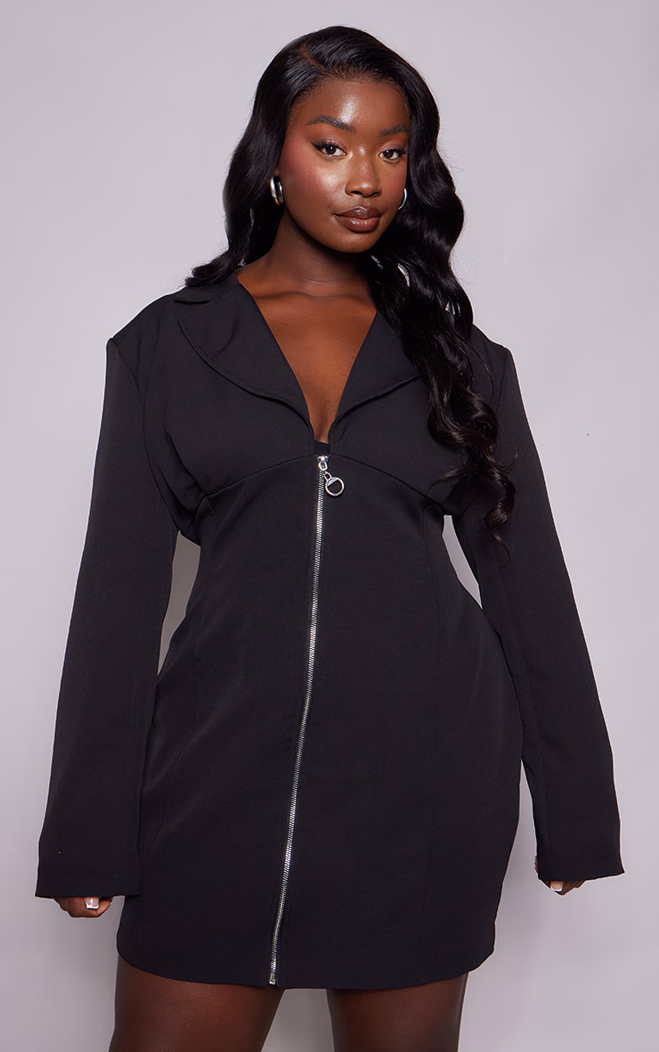 Plus Black Woven Zip Through Corset Detail Blazer Dress