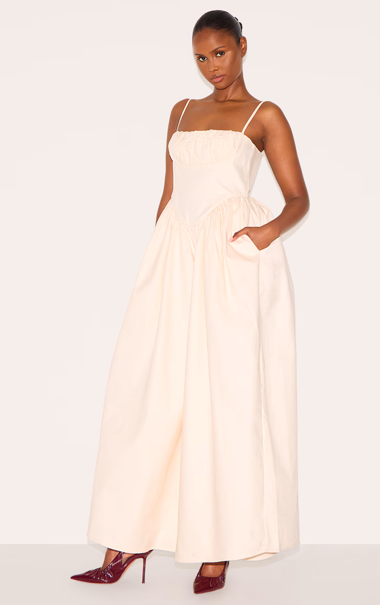 Cream Premium Ruched Corset Detail Wide Leg Jumpsuit
