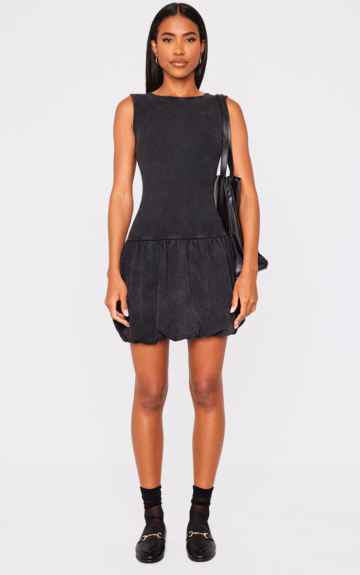 Dark Grey Acid Wash Puffball Dress