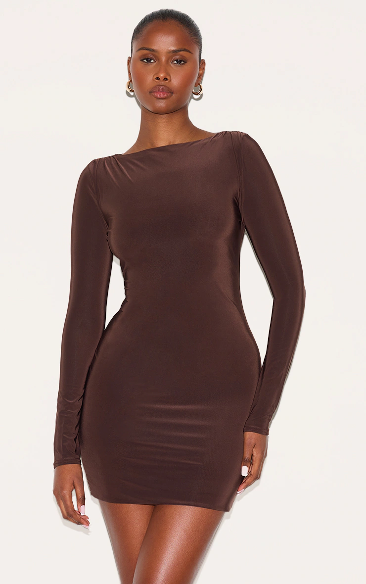 Chocolate Slinky Long Sleeve Mini Dress
