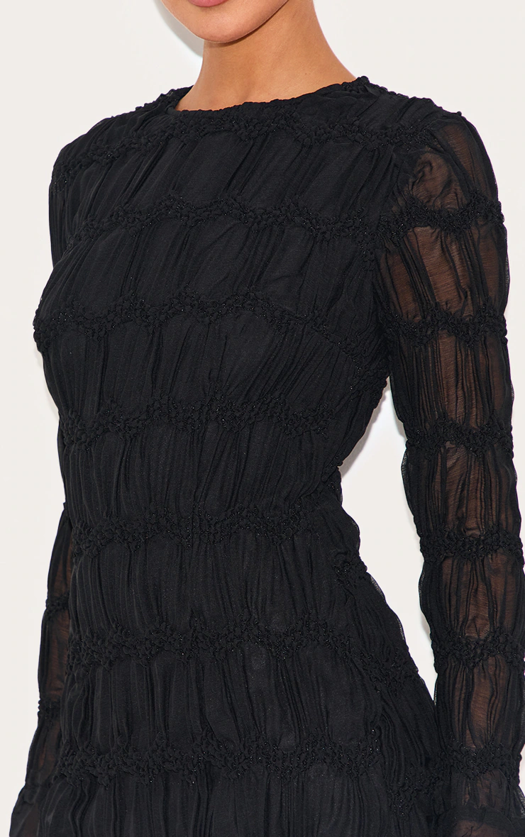Black Textured Long Sleeve Crew Neck Mini Dress